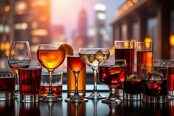 Assortment of Colorful Cocktails and Refreshing Beverages on a Stylish Bar Counter