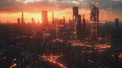 Fototapeta premium Smart Innovation city with connection cyber security network reciprocity over the sunset cityscape future wireless digital city and social media networking systems that connects people in the city