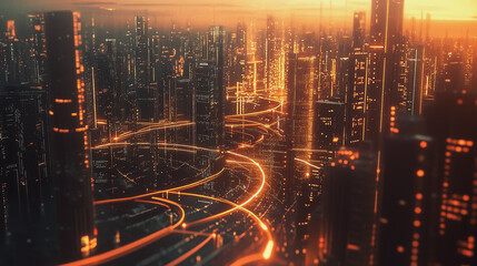 Fototapeta premium Smart Innovation city with connection cyber security network reciprocity over the sunset cityscape future wireless digital city and social media networking systems that connects people in the city