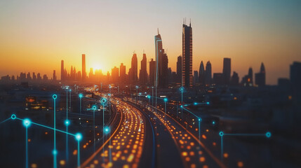 Fototapeta premium Smart Innovation city with connection cyber security network reciprocity over the sunset cityscape future wireless digital city and social media networking systems that connects people in the city