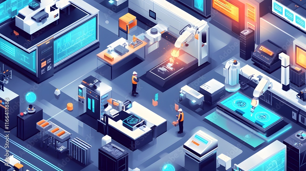 Poster isometric illustration of a futuristic smart factory with automated robotic arms, advanced machinery