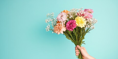 Elegant Female Hand Holding Colorful Bouquet of Fresh Flowers Against a Vibrant Teal Background for Seasonal Celebrations and Events