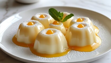 Shiny Quindim Dessert with Coconut Custard Garnished with Mint on a White Plate