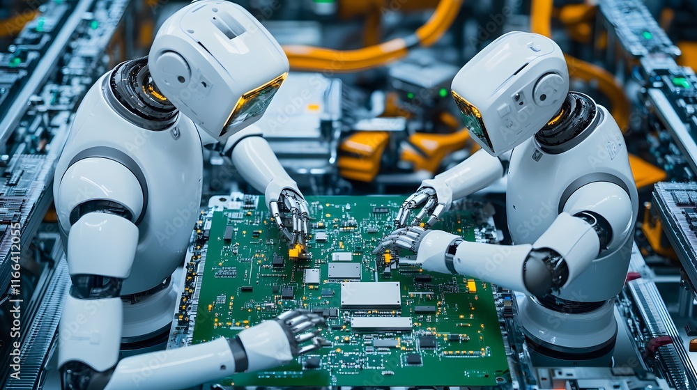 Poster two white robots meticulously work on a circuit board in a futuristic factory setting. advanced tech