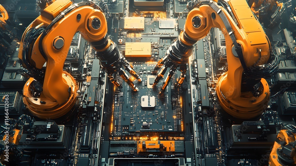 Poster two robotic arms meticulously assemble a complex circuit board. the intricate details of the machine