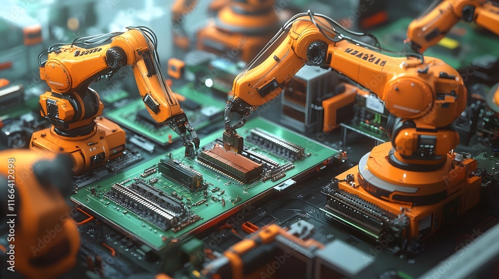 Poster close-up of robotic arms assembling a circuit board in a futuristic factory setting. orange robotic 
