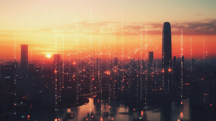 Fototapeta premium Smart Innovation city with connection cyber security network reciprocity over the sunset cityscape future wireless digital city and social media networking systems that connects people in the city