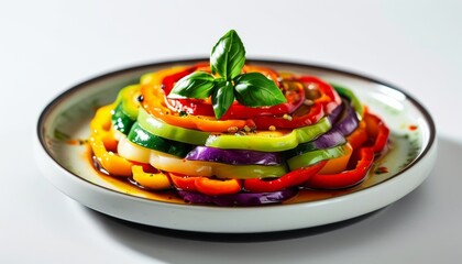 Colorful Vegetable Stew with Fresh Basil and Layers of Sliced Bell Peppers