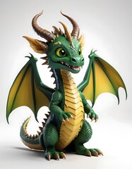 Fototapeta premium Cute Cartoon Dragon in Green and Gold with White Background. Generative AI