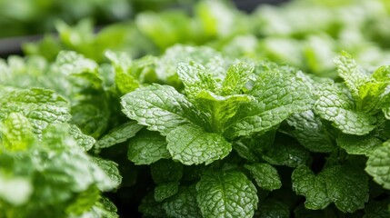 Fresh Mint Leaves on Green Background