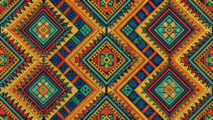 Vibrant Geometric Textile Design with Interlocking Tribal Patterns and Bold Colors