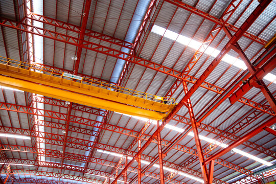 factory indoor steel structure industrial roof construction metal architecture inside interior iron modern large building warehouse.