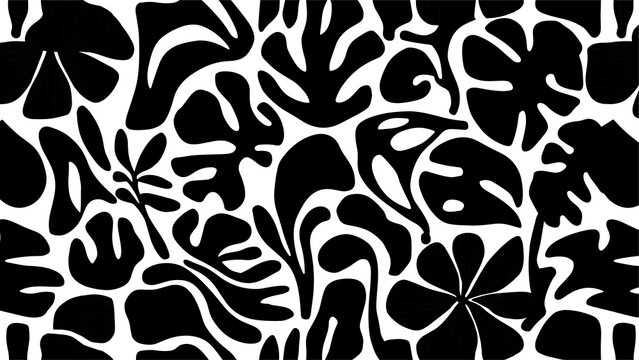 Flower and leaves organic abstract seamless pattern. black floral leaf geometric pattern on white background.