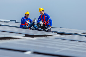 Technicians installing and inspecting standards solar panels on roof industrial factory. Shake hand work success experience. Electrical energy obtained from nature sunlight clean renewable energy.