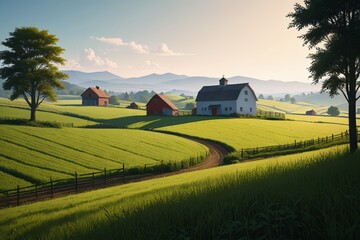 there is a painting of a farm with a road going through it