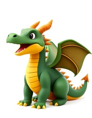 Fototapeta premium Cute Cartoon Dragon in Green and Orange Posing Against White Background