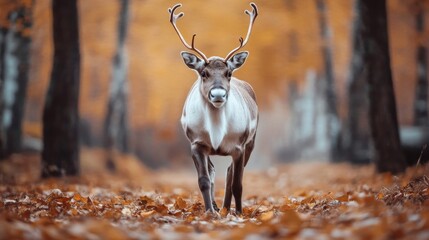 beautiful portrait of a reindeer amidst an idyllic autumn scene, its confident stride accentuated by fallen autumn leaves