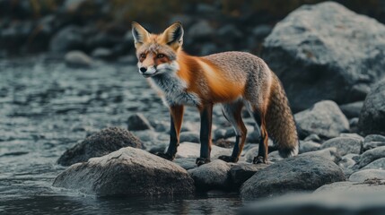 Fototapeta premium Beautiful red fox standing on a few stones over the water surface. Very focused on its prey. Pure natural wildlife photo