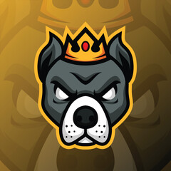 A dog's head wearing a king's crown with an angry expression