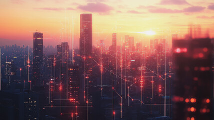 Fototapeta premium Smart Innovation city with connection cyber security network reciprocity over the sunset cityscape future wireless digital city and social media networking systems that connects people in the city