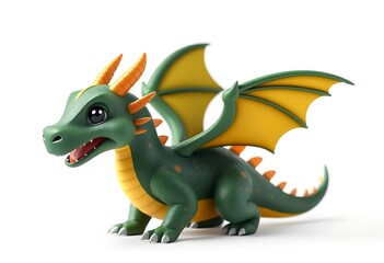 Obraz premium Cute Cartoon Dragon in Green and Orange Posing Against White Background