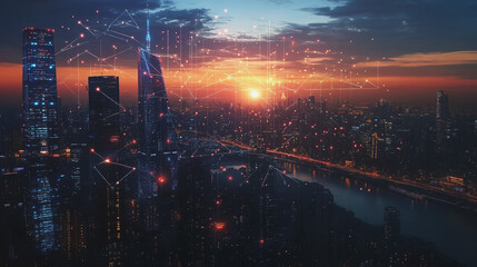 Fototapeta premium Smart Innovation city with connection cyber security network reciprocity over the sunset cityscape future wireless digital city and social media networking systems that connects people in the city