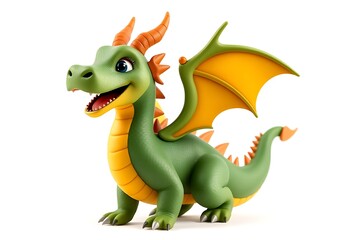 Cute Cartoon Dragon in Green and Orange Posing Against White Background