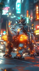 A futuristic soldier rides a robotic rhinoceros in a vibrant, neon-lit cityscape.