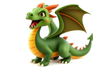 Fototapeta premium Cute Cartoon Dragon in Green and Orange Posing Against White Background