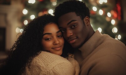 Couple embraces by Christmas tree, cozy holiday love