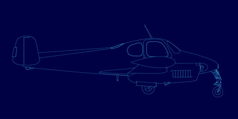 Blue airplane is shown in a blue drawing. The airplane is a small propeller plane with a single engine. The drawing is of a stylized version of the plane © German Ovchinnikov