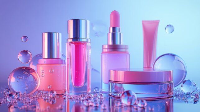 Pink cosmetic products on a reflective surface, surrounded by floating bubbles. Perfect for beauty, skincare, and cosmetics advertising.