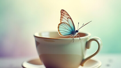 A single butterfly perched on the edge of a coffee cup, with soft pastel tones in the background.

