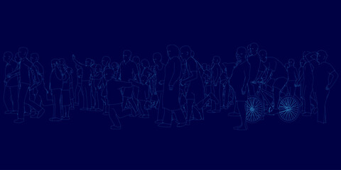 Group of people are standing in a line, with a bicycle in the middle. The image has a futuristic feel to it, with the people and bicycle appearing to be in a virtual world
