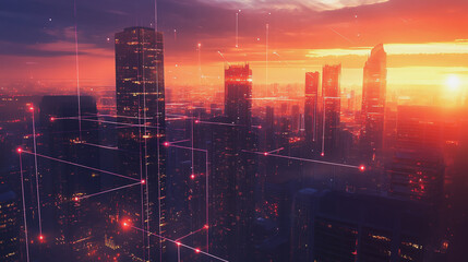 Smart Innovation city with connection cyber security network reciprocity over the sunset cityscape future wireless digital city and social media networking systems that connects people in the city