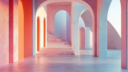 Pastel pink and blue archway hallway with stairs.