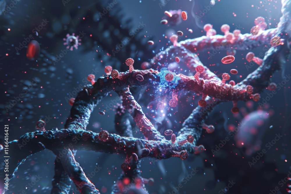 Poster glowing double helix with microscopic particles and viruses