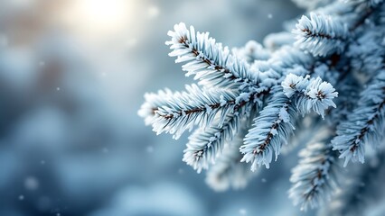 Winter Nature scene with spruce branch covered in frost