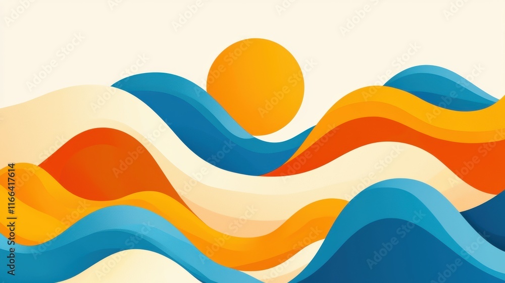 Poster abstract waves and sun in vibrant colors with gentle curves and dynamic flow