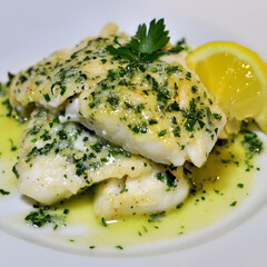 Tender baked cod fillet topped with garlic butter and fresh herbs, served with lemon. delicious and healthy seafood dish perfect for any meal