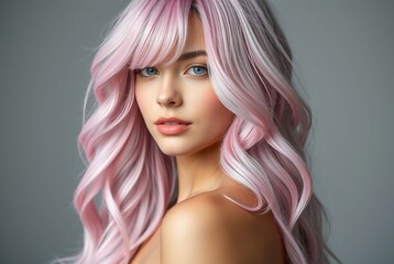 Elegant Portrait of a Young Woman with Pastel Pink Hair and Soft Makeup