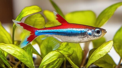 A vibrant fish swimming among green aquatic plants in an aquarium setting.