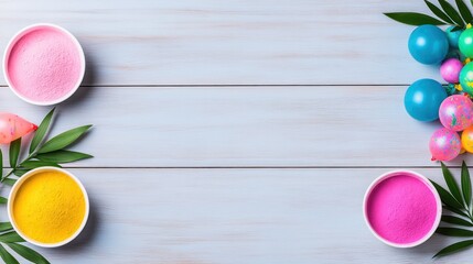 Obraz premium Colorful bowls of powder and decorated eggs on a wooden surface.