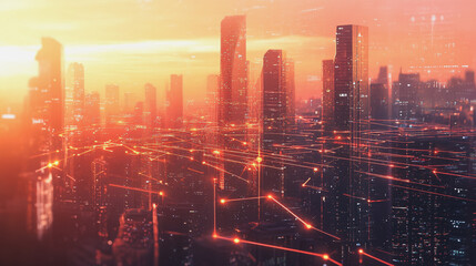 Fototapeta premium Smart Innovation city with connection cyber security network reciprocity over the sunset cityscape future wireless digital city and social media networking systems that connects people in the city