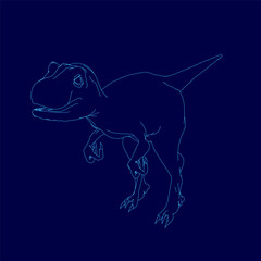 Blue drawing of a dinosaur with its head down and its tail up. The dinosaur is looking at the camera