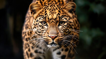 Obraz premium A close-up of a leopard showcasing its striking coat and intense gaze.