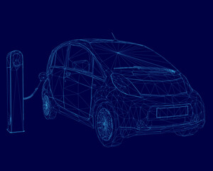 Car is charging at a charging station. The car is a small electric car. The image is in blue