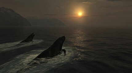 Fototapeta premium Two whales swimming in the ocean at sunset, creating a serene and natural atmosphere.