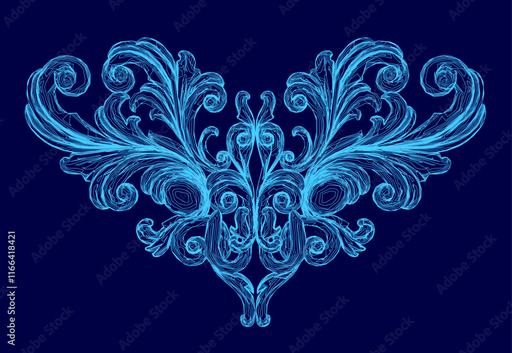 Poster the image is a blue design of a flower with a blue center. the design is very intricate and detailed