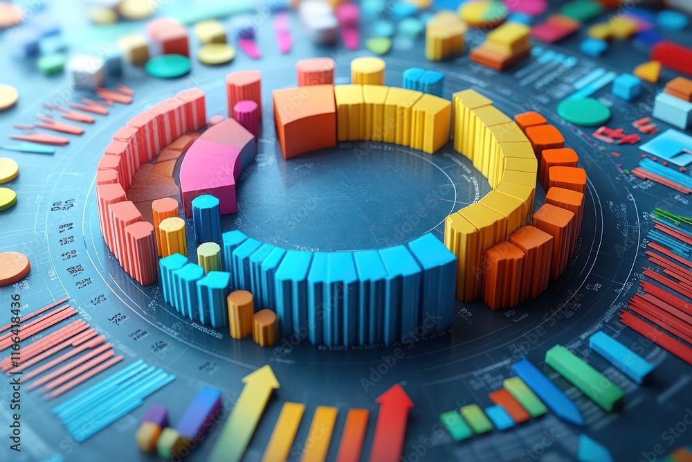 Poster vibrant 3d data visualization: colorful charts and graphs representing business analytics